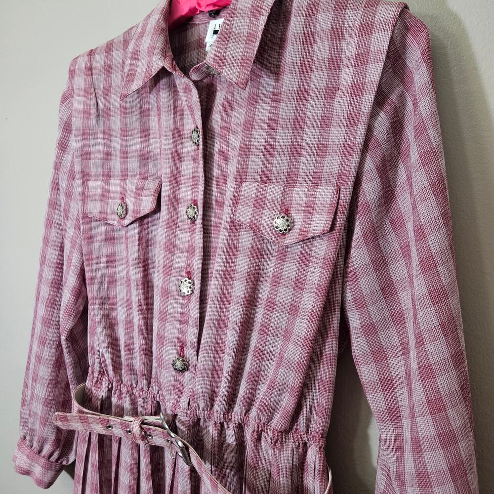 Vintage 80s LeslieFayPetites Pink Plaid Midi 12P Dress Grandma Retro Secretary